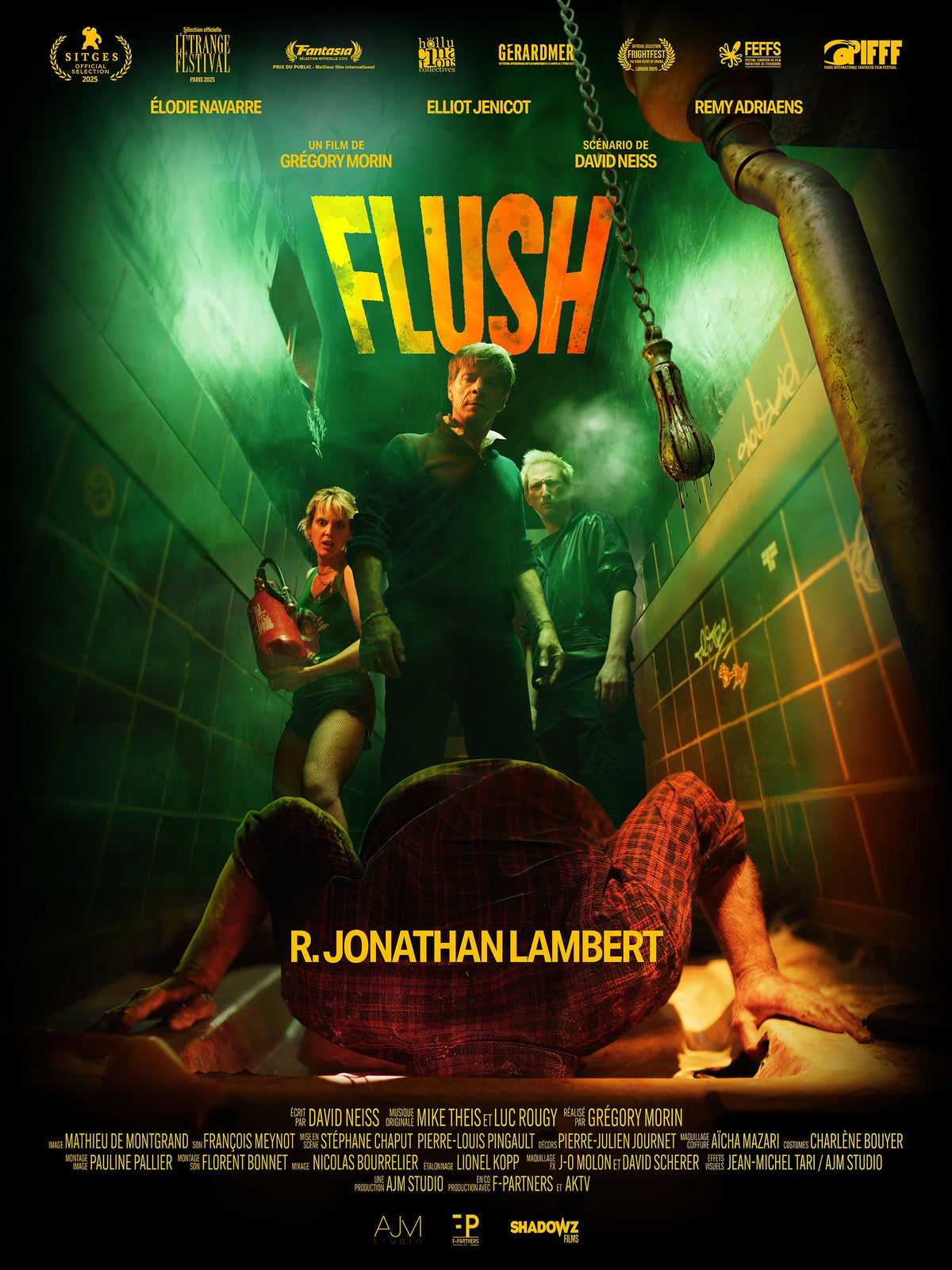Flush poster showing characters in a green-lit tiled bathroom beneath orange title lettering