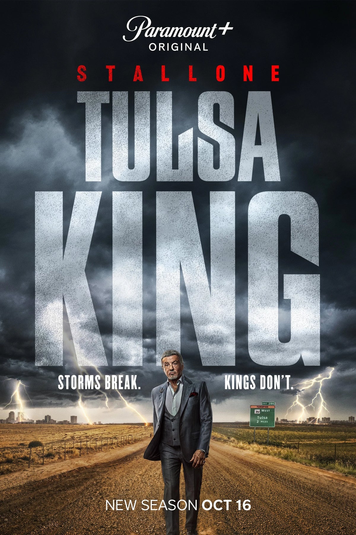 Tulsa King poster with Sylvester Stallone on a rural road beneath storm clouds and the Paramount Plus Original title