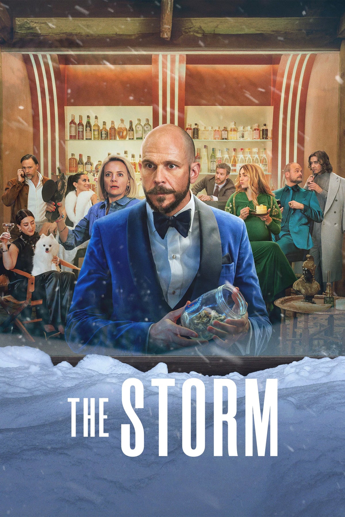 The Storm poster featuring party guests inside a lodge surrounded by snow