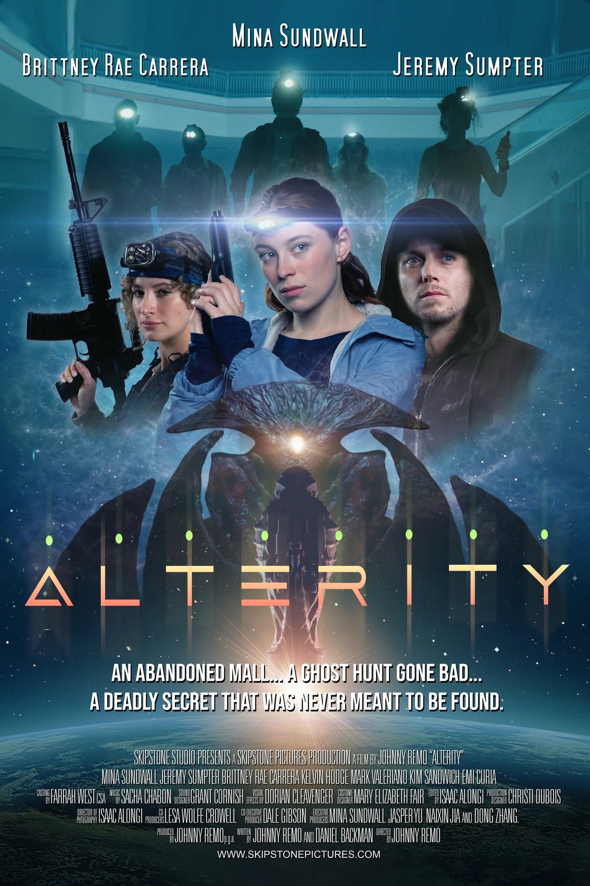 Alterity (2026) poster with researchers, armed figures and an alien presence inside a shopping mall