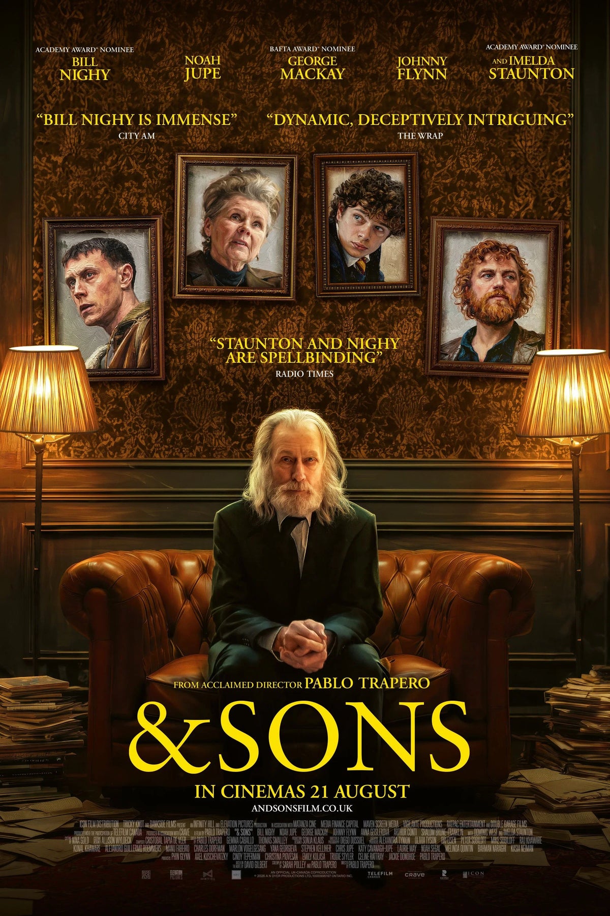 & Sons poster with Bill Nighy seated beneath framed family portraits in a gold-toned room