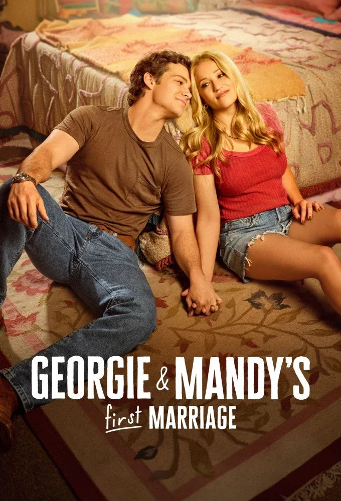 Georgie & Mandy's First Marriage poster featuring Georgie and Mandy holding hands while sitting beside a bed.