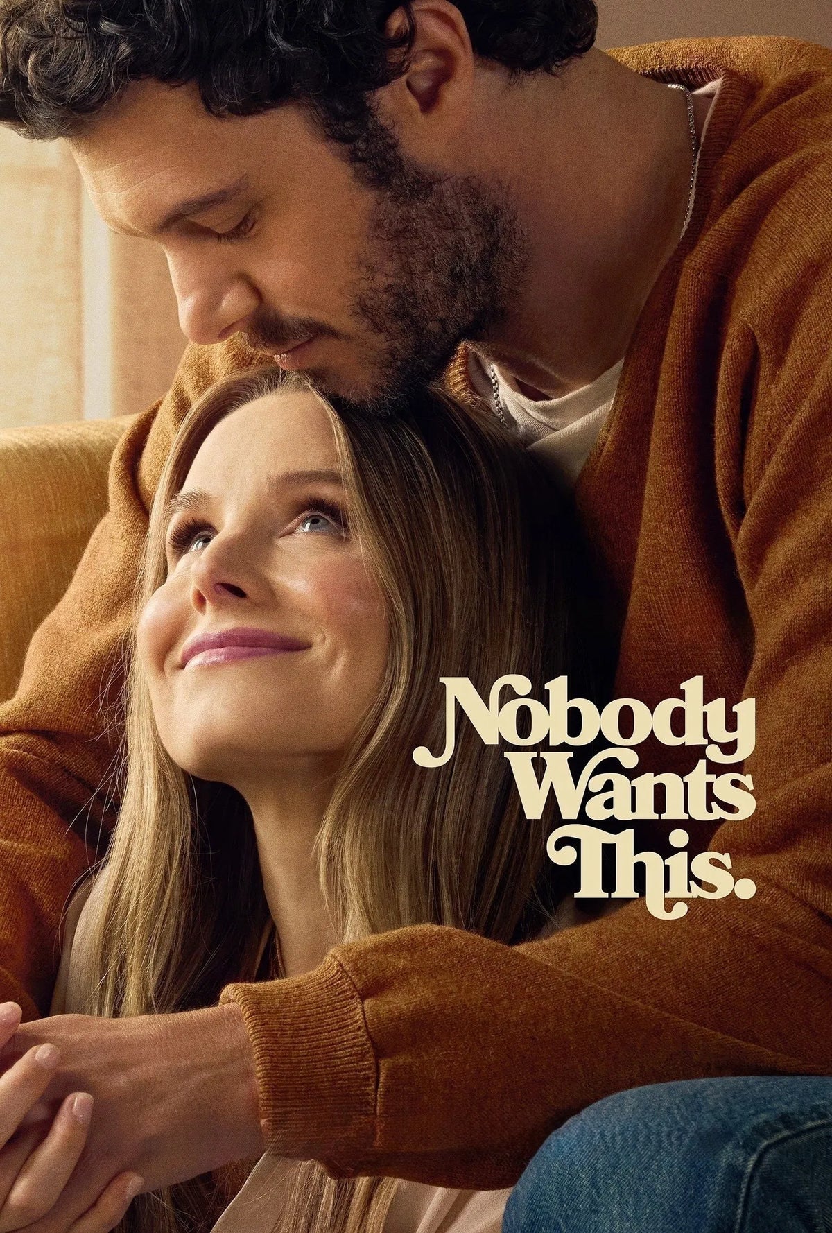Nobody Wants This poster featuring Kristen Bell and Adam Brody embracing