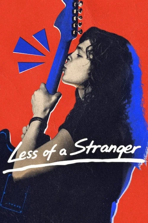Less of a Stranger poster featuring a musician holding a blue guitar against a red background