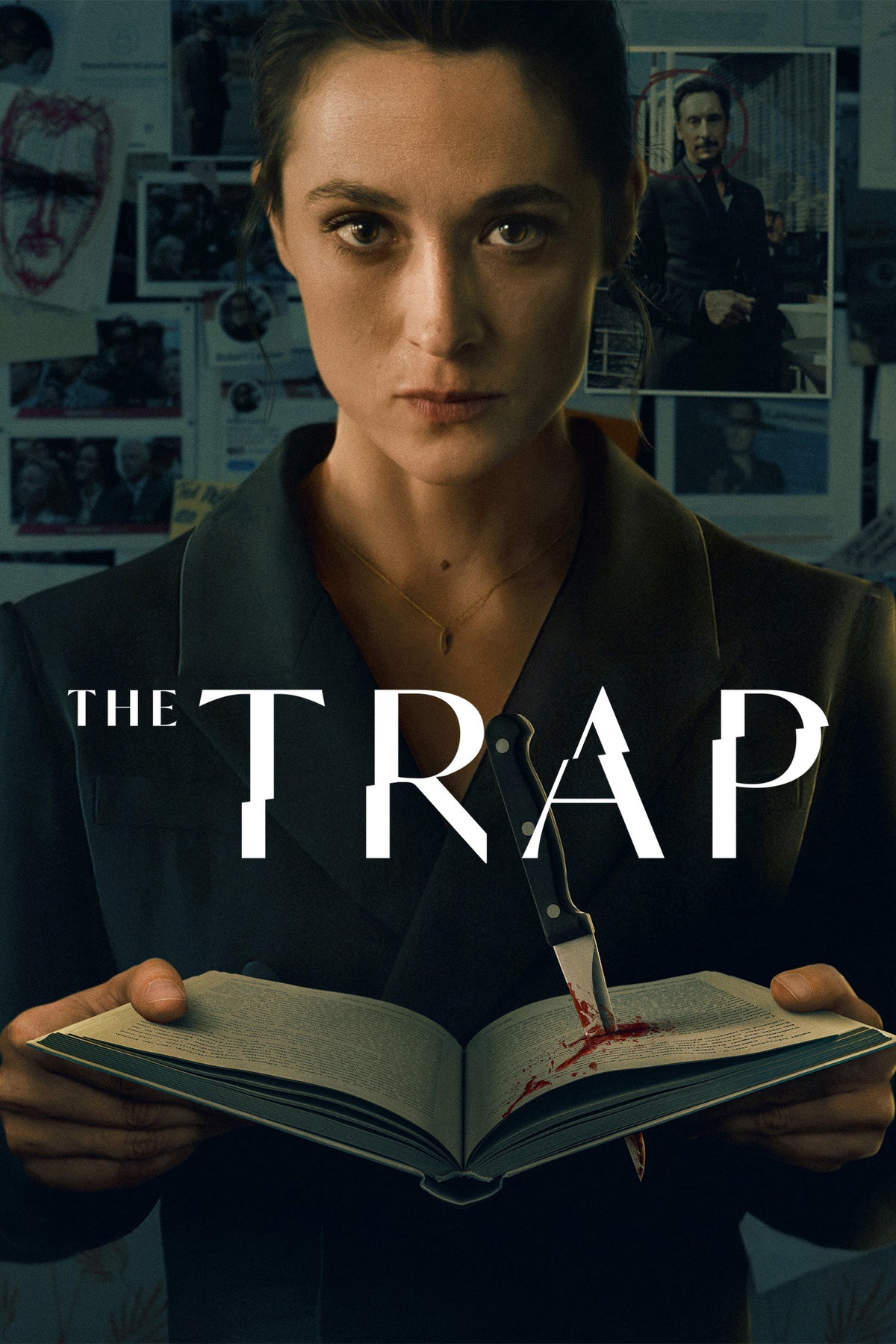 The Trap poster showing Lisa Konrad holding a book pierced by a bloody knife