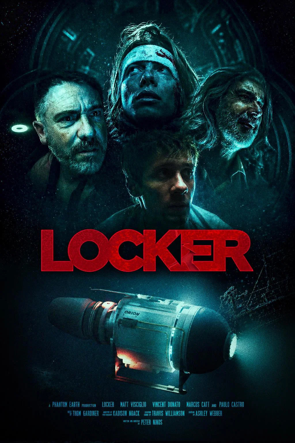 Locker poster with distressed crew, red title and Orion submersible in dark ocean depths