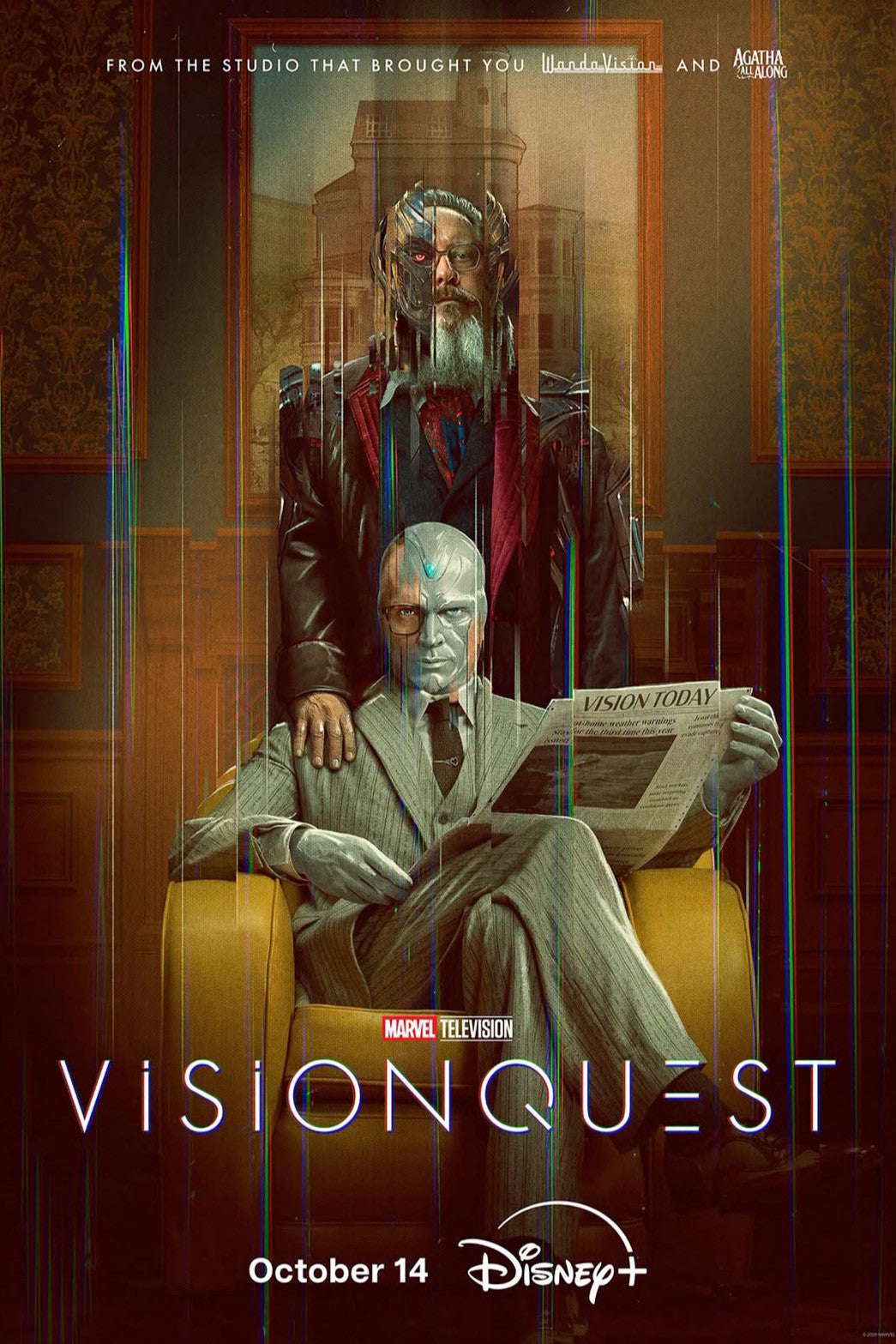 Marvel Television VisionQuest poster with Vision seated reading a newspaper and a metallic figure standing behind him.