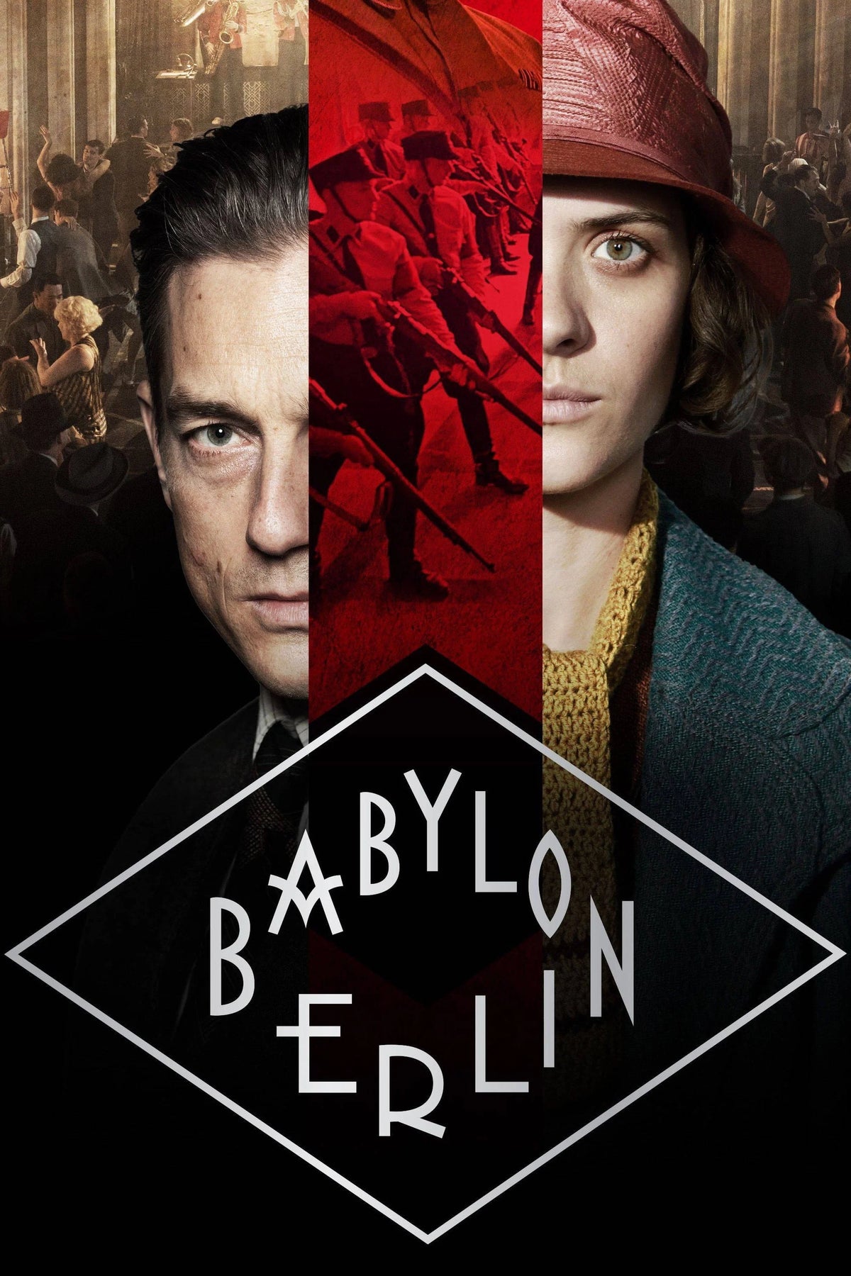Babylon Berlin poster with two faces framing a red street scene
