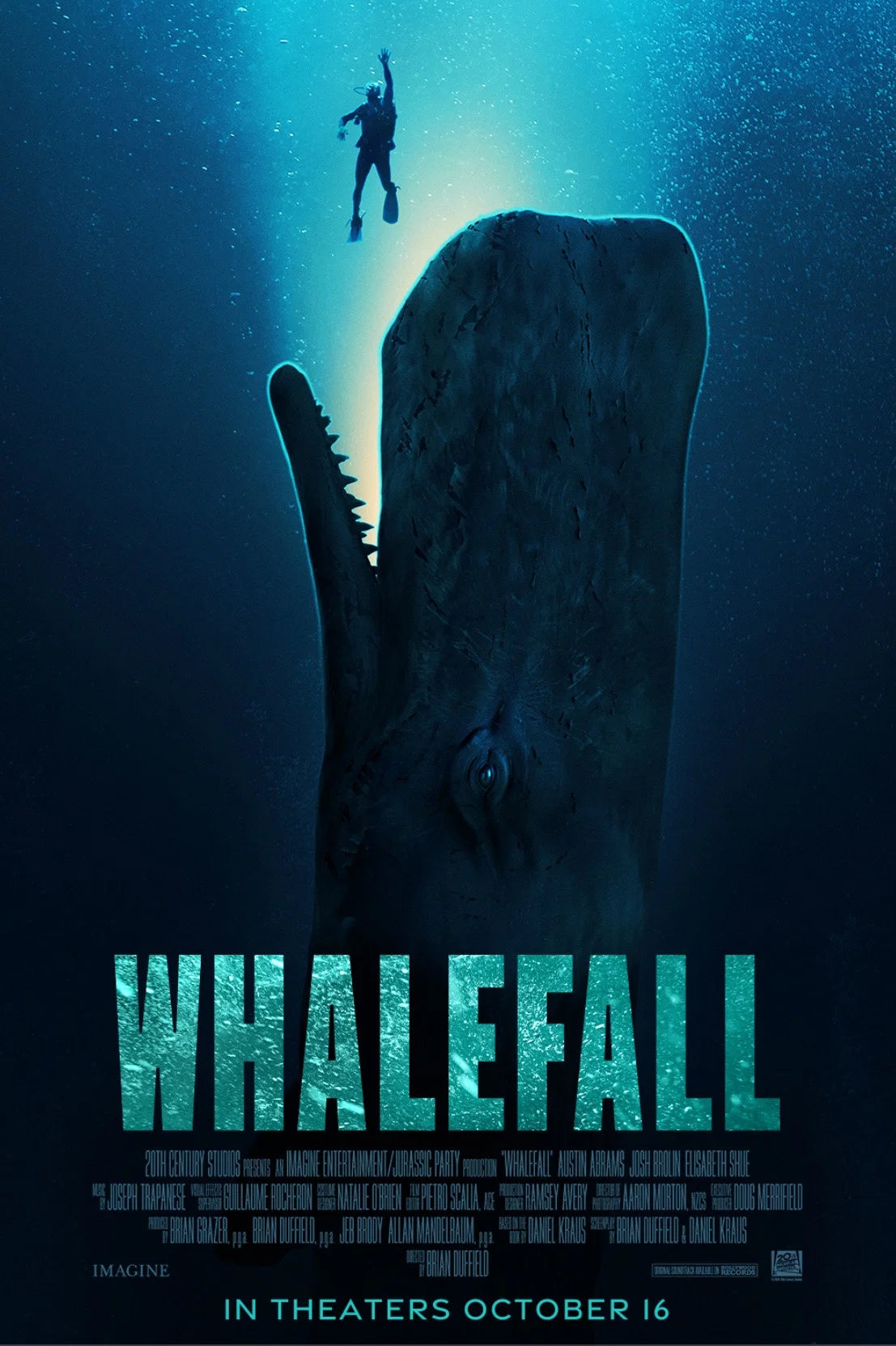 Whalefall poster showing a tiny diver above an enormous sperm whale
