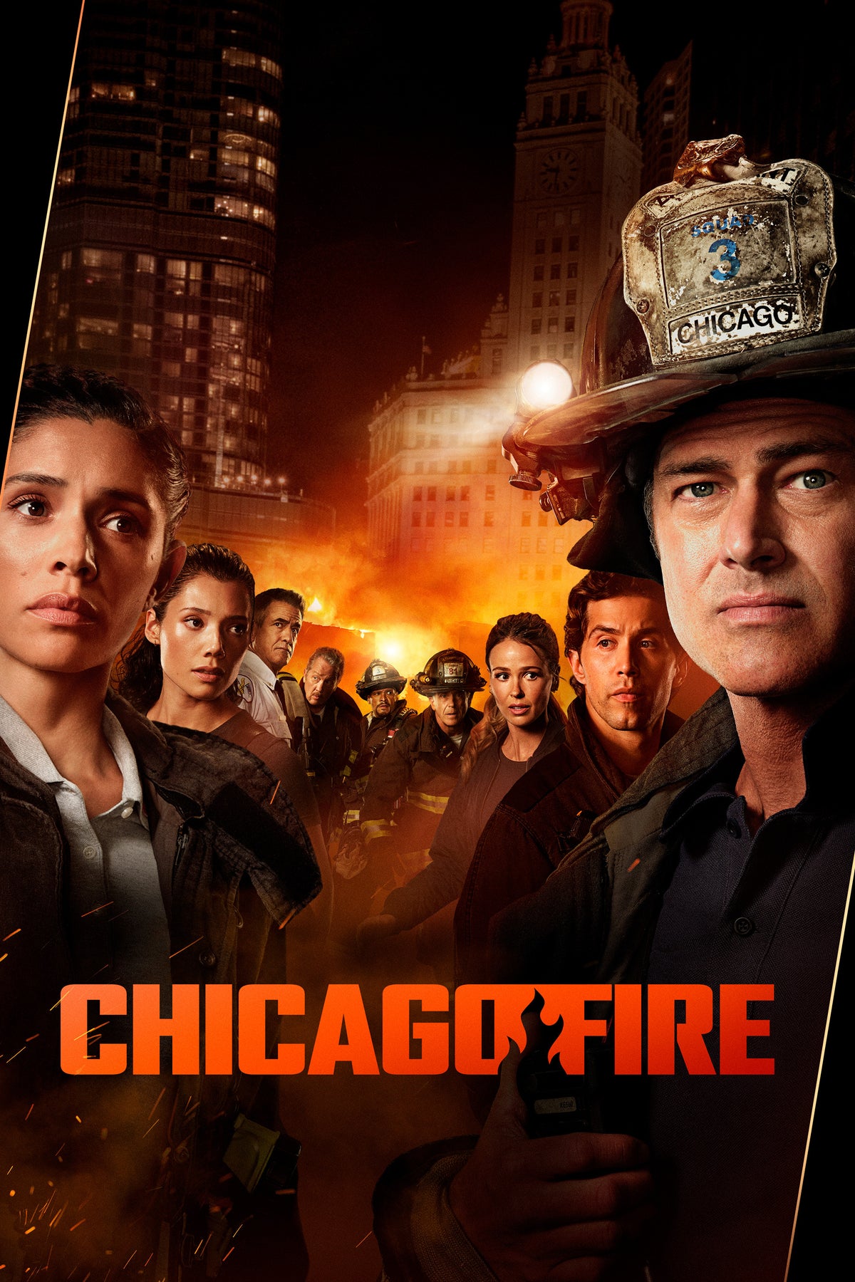 Chicago Fire Season 15 poster featuring the Firehouse 51 team against flames