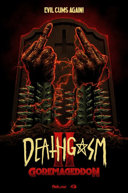 Deathgasm II Goremageddon poster with raised metal horns and red lightning