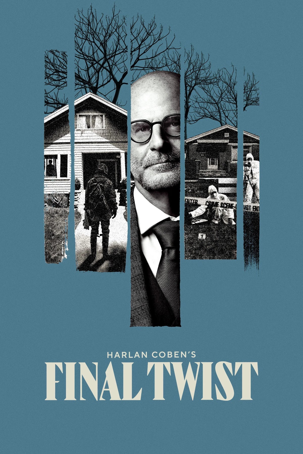 Harlan Coben's Final Twist poster with a fragmented portrait, houses and crime scene imagery on a blue background