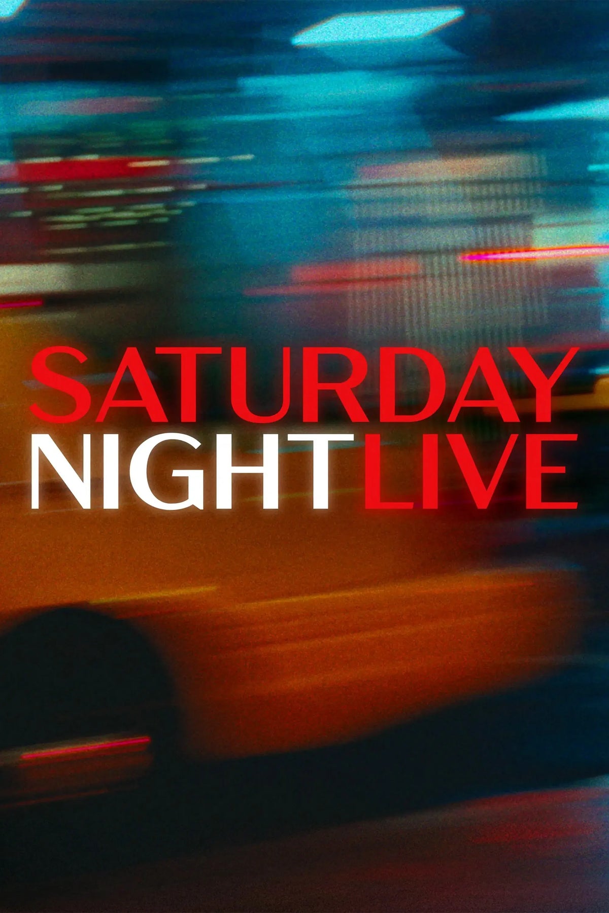 Saturday Night Live red and white title over a blurred nighttime city scene