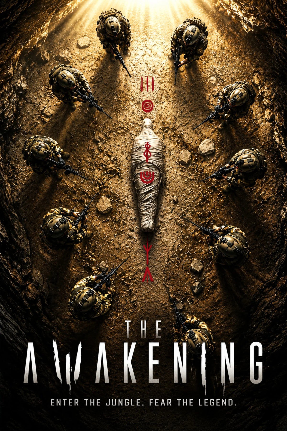 The Awakening poster showing soldiers surrounding a shrouded figure in the jungle