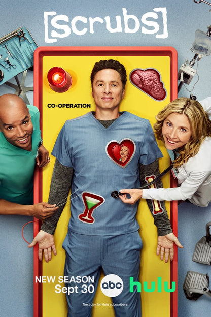 Scrubs new season poster showing three hospital staff, with September 30 and ABC and Hulu logos
