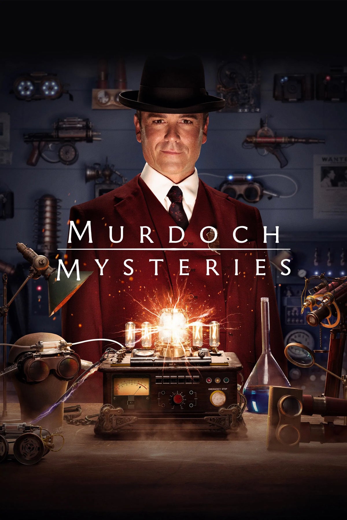 Murdoch Mysteries poster with William Murdoch surrounded by forensic inventions