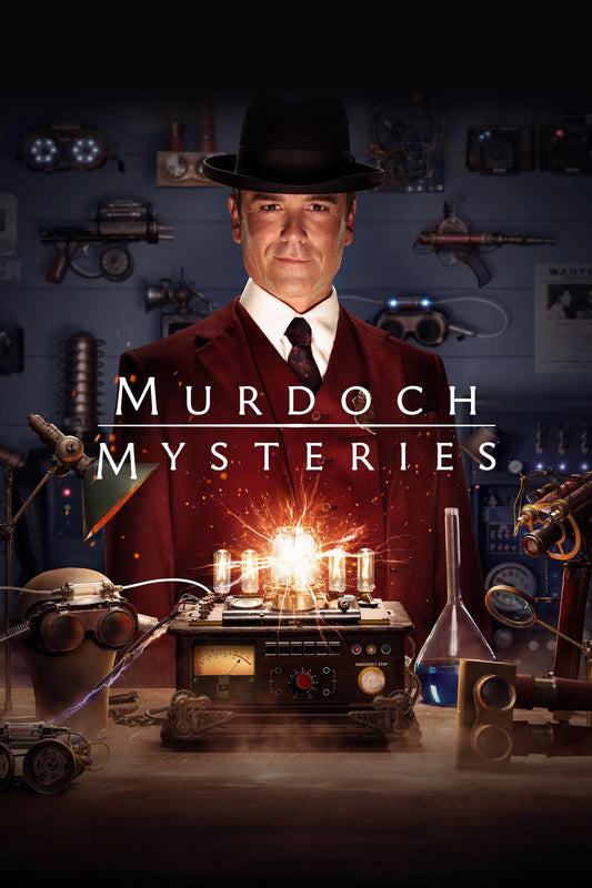 Murdoch Mysteries poster with William Murdoch surrounded by forensic inventions