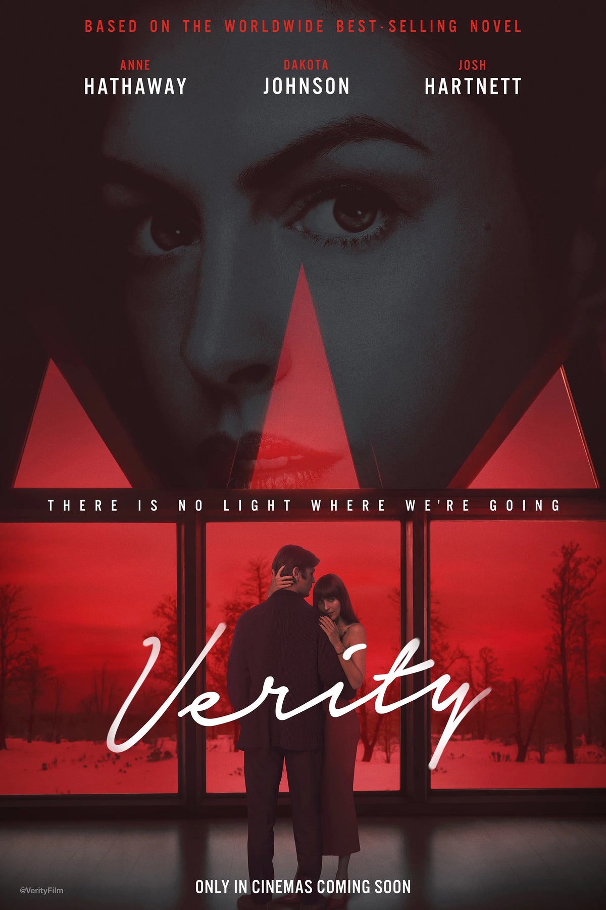 Verity poster with Anne Hathaway's face above a red-lit scene of a couple and the names Hathaway, Johnson and Hartnett.
