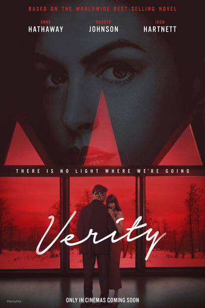 Verity poster with Anne Hathaway's face above a red-lit scene of a couple and the names Hathaway, Johnson and Hartnett.
