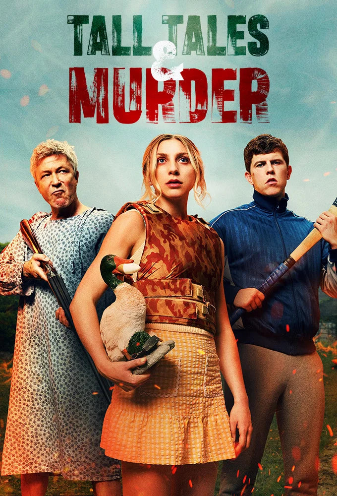 Tall Tales & Murder poster showing three people, one holding a duck, against a pale background