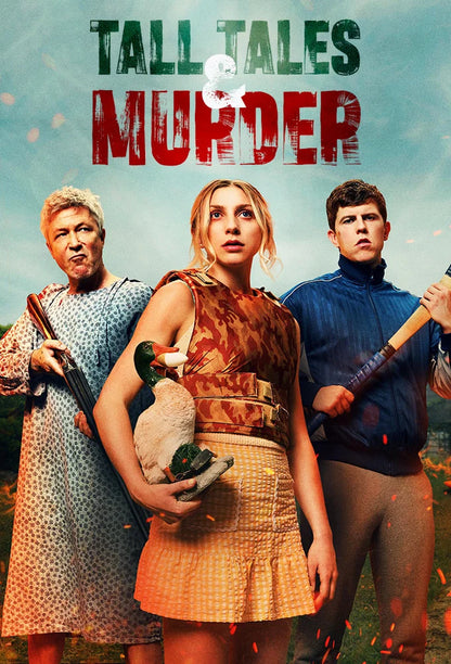 Tall Tales & Murder poster showing three people, one holding a duck, against a pale background