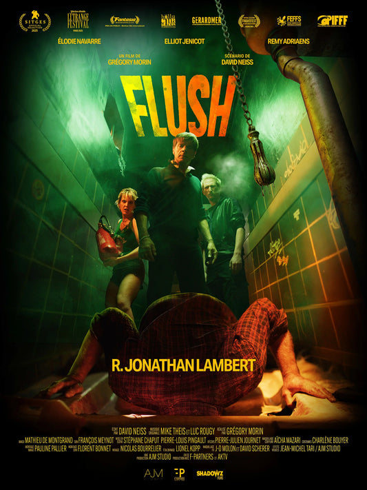 Flush poster showing characters in a green-lit tiled bathroom beneath orange title lettering