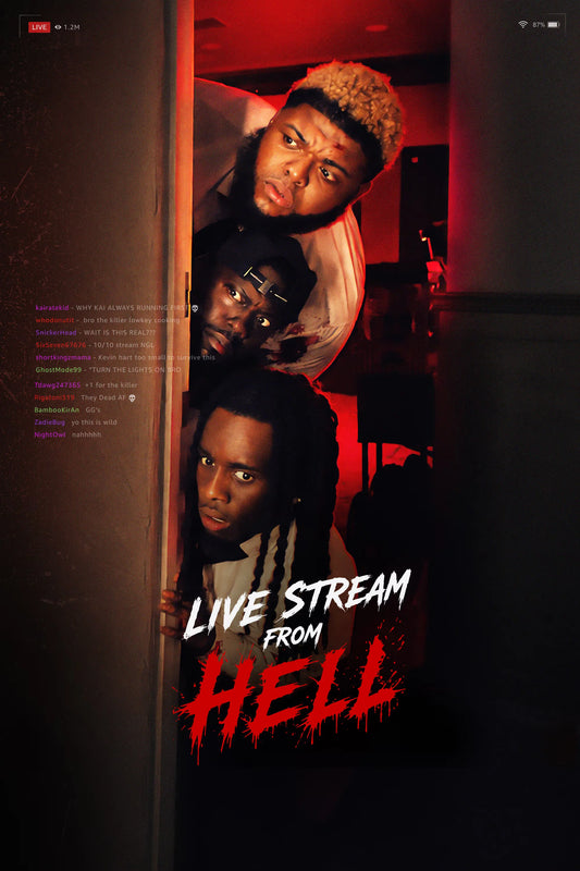 Livestream from Hell (2026) poster with Kevin Hart, Druski and Kai Cenat peeking around a door under red light