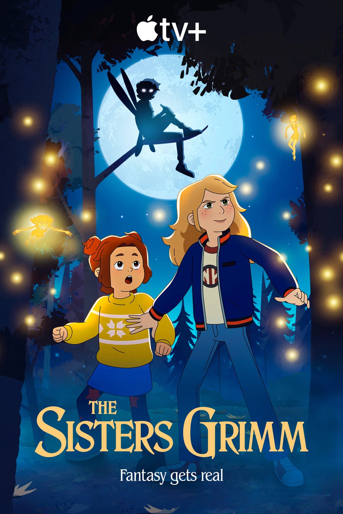The Sisters Grimm Apple TV+ poster with Sabrina and Daphne in a magical moonlit forest.