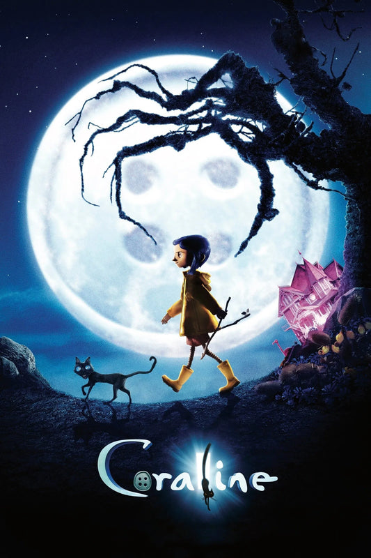 Coraline and the black cat beneath a bright moon beside the other house