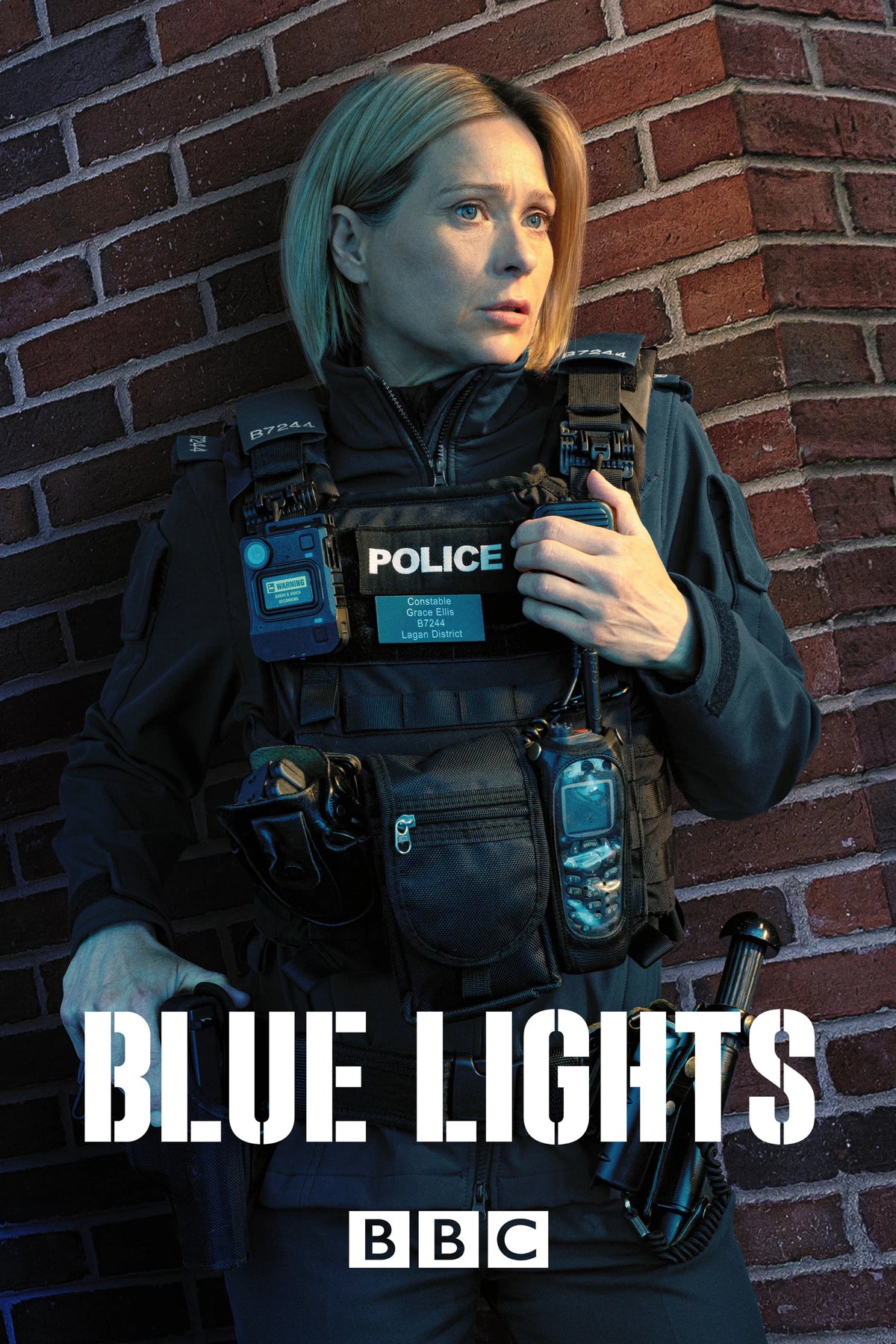 Blue Lights poster featuring a police officer in uniform beside a brick wall