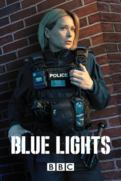 Blue Lights poster featuring a police officer in uniform beside a brick wall