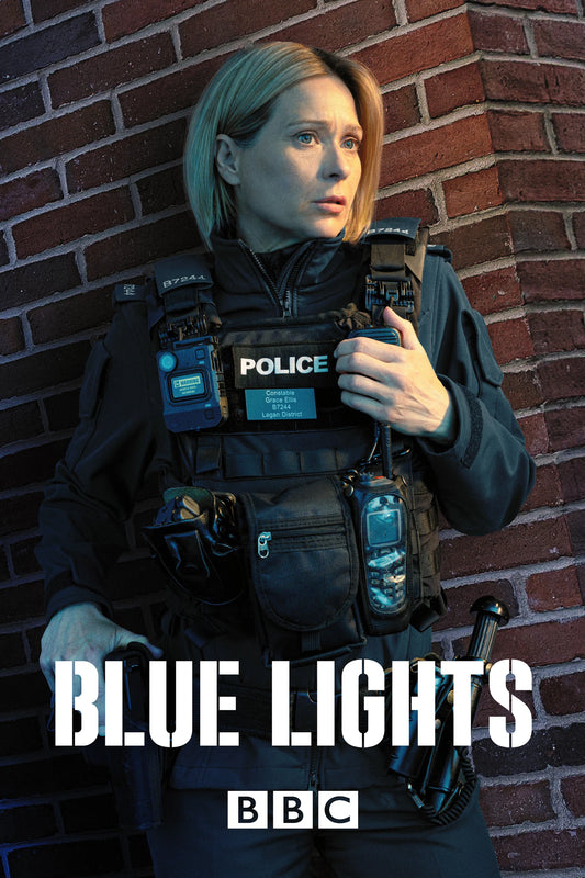 Blue Lights poster featuring a police officer in uniform beside a brick wall