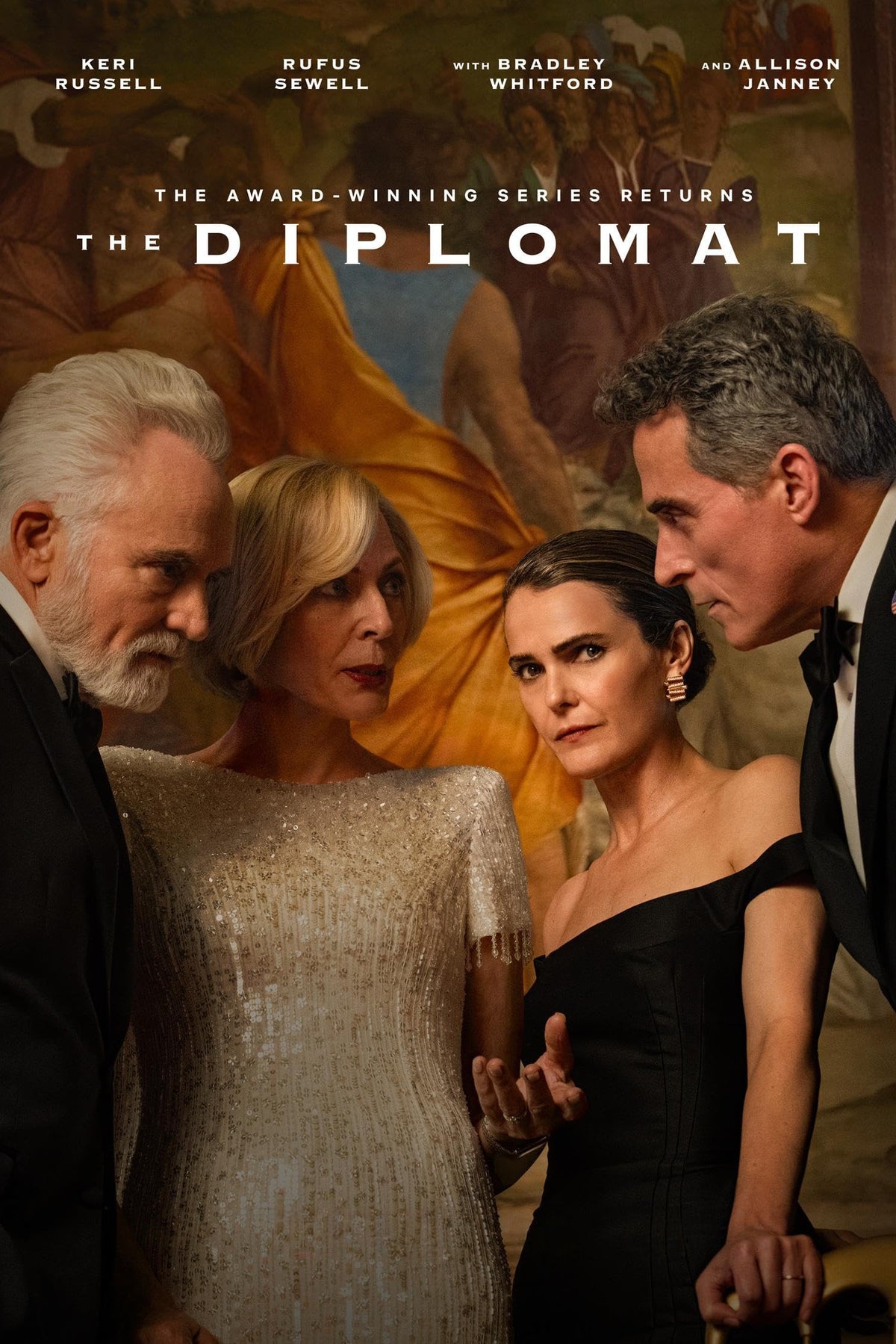 The Diplomat Season 4 poster featuring Keri Russell and Rufus Sewell