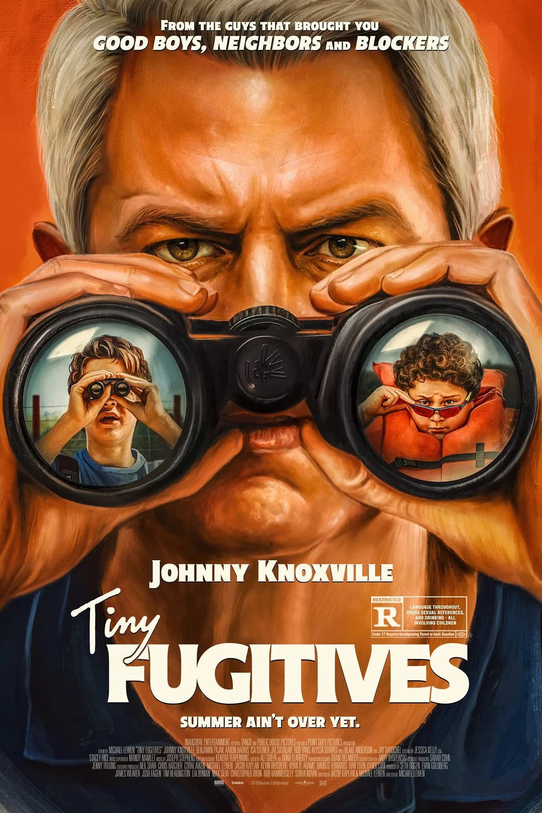 Tiny Fugitives poster featuring Johnny Knoxville looking through binoculars
