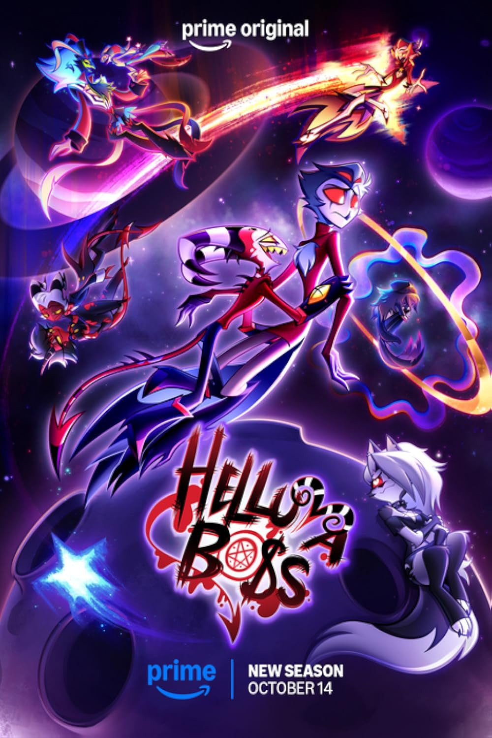 Helluva Boss poster with the animated demon ensemble amid purple neon and flames.