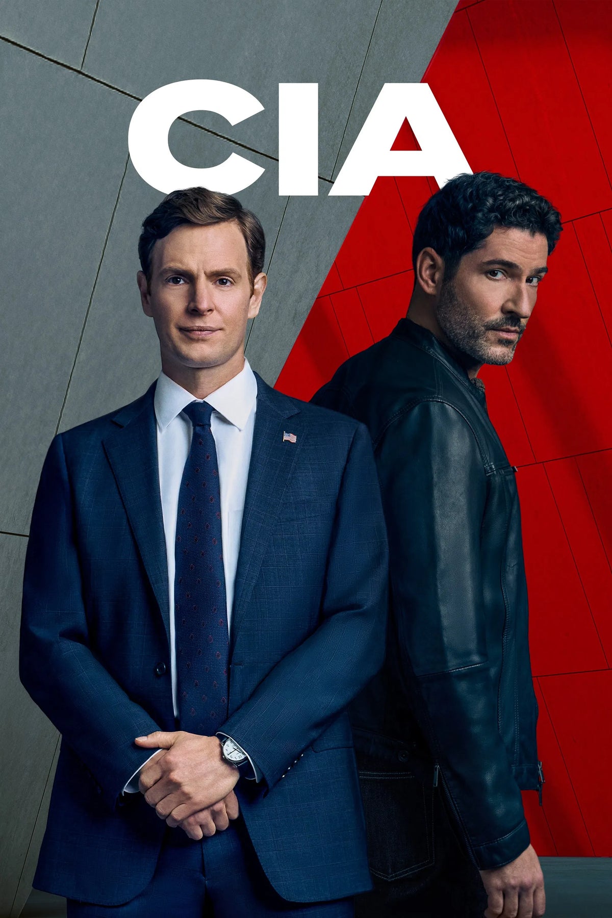 CIA poster with two agents against a gray and red geometric background