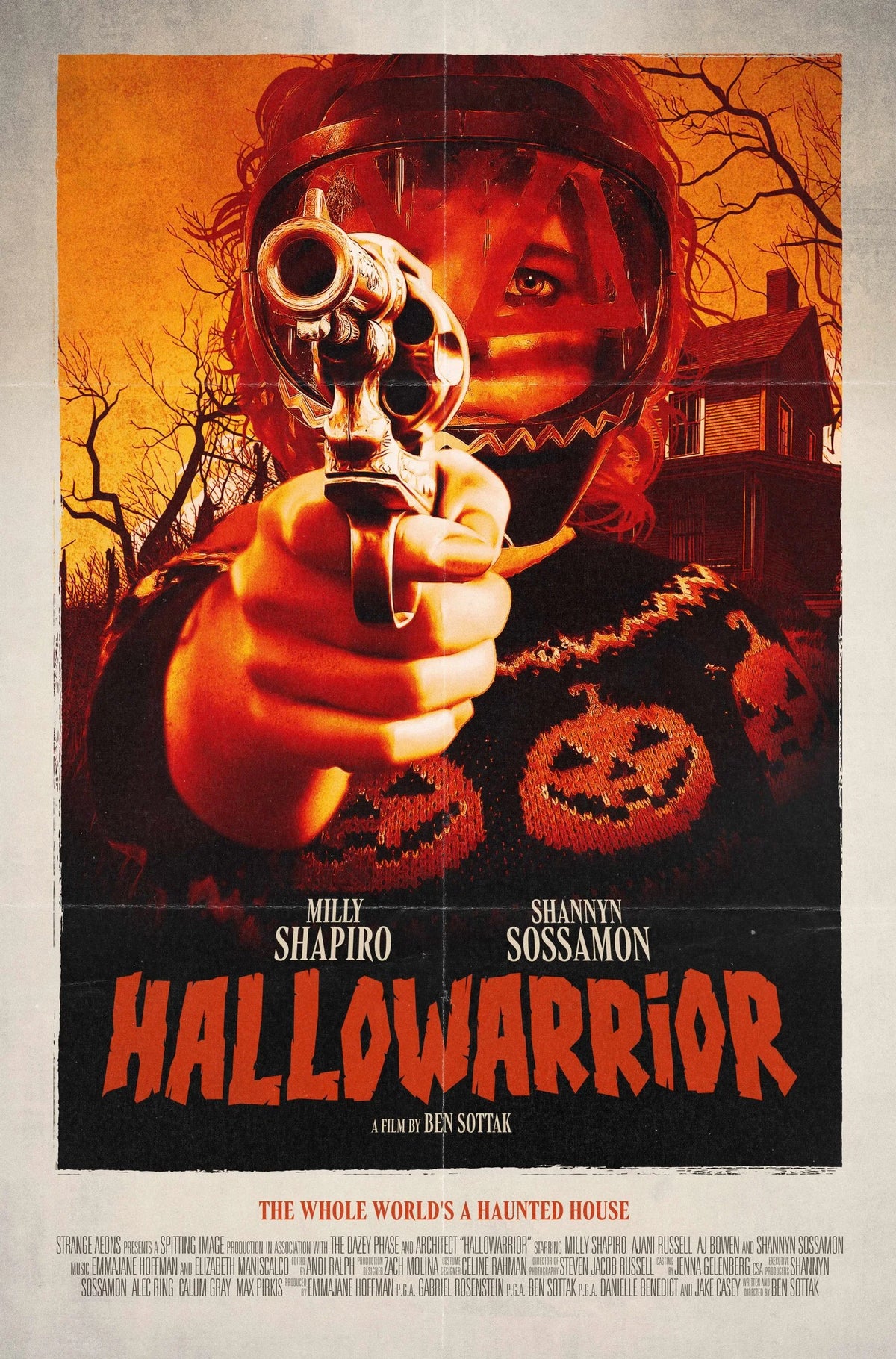 Hallowarrior poster featuring an armed survivor in a pumpkin sweater against an orange Halloween backdrop