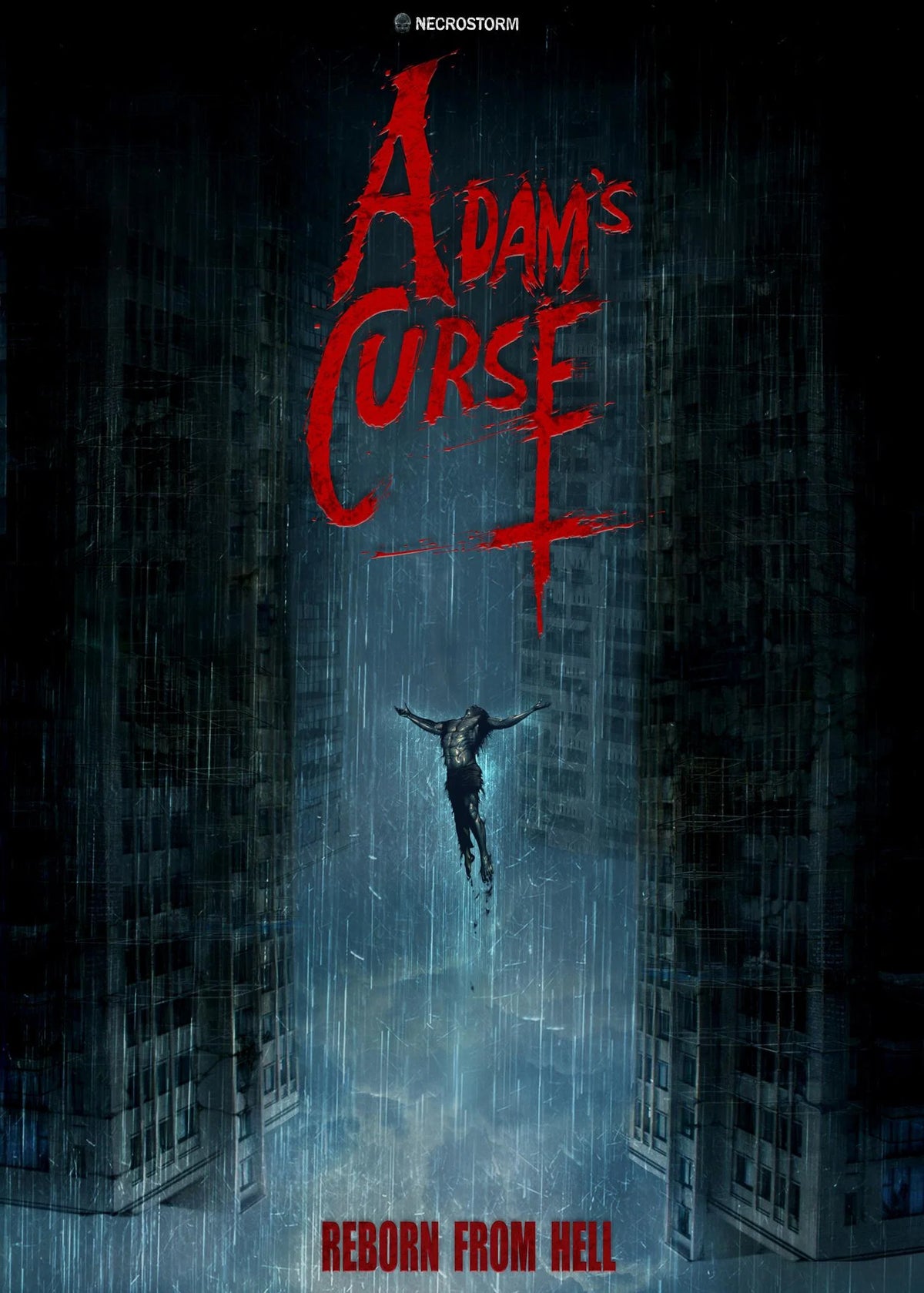 Adam’s Curse Reborn from Hell poster with red lettering and suspended figure between rain-soaked buildings