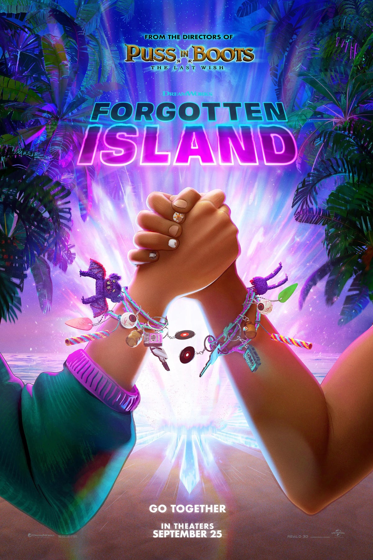 Forgotten Island (2026) animated movie poster with two best friends entering a colorful island portal