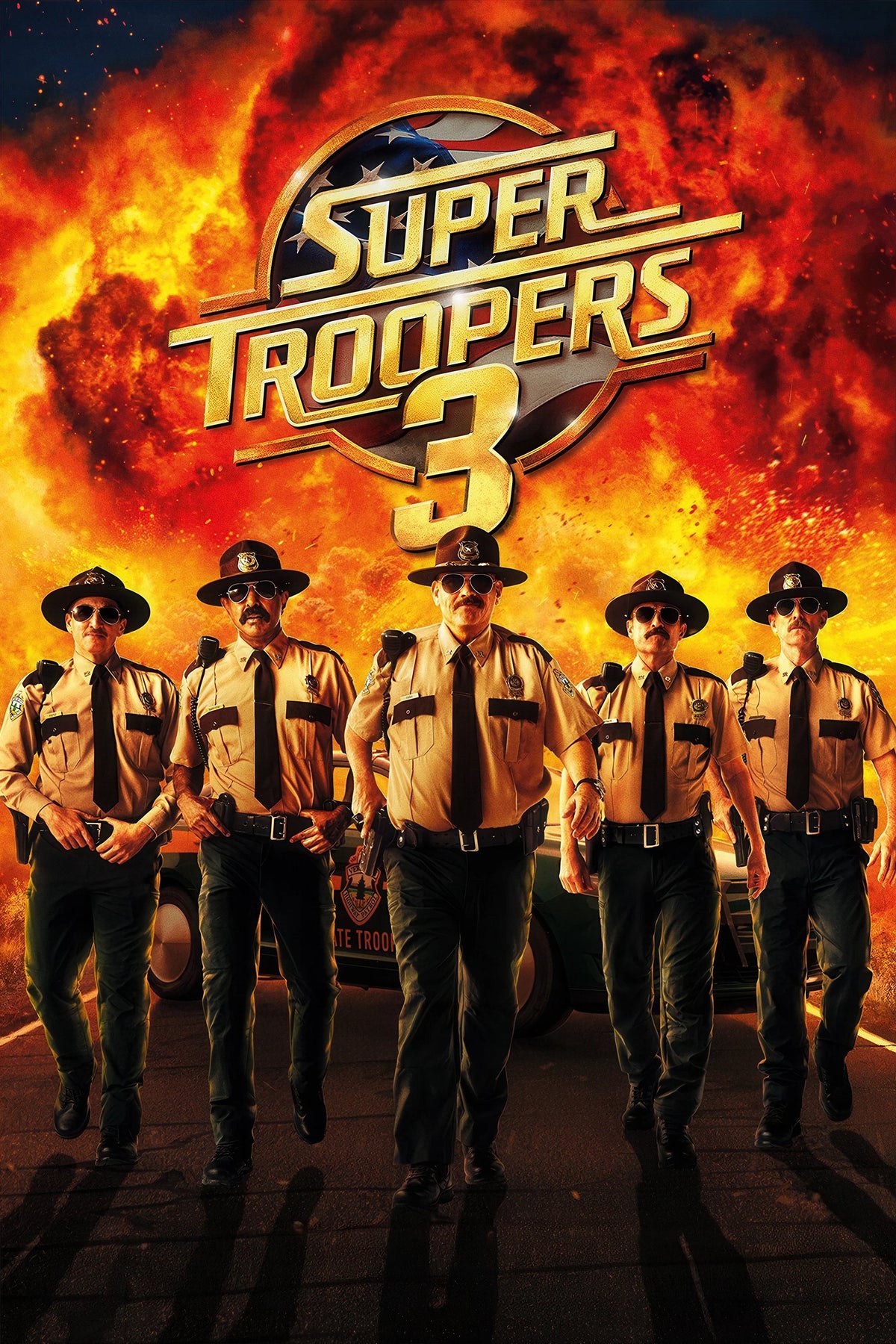 Super Troopers 3 (2026) movie poster with the Troopers walking in front of an explosion