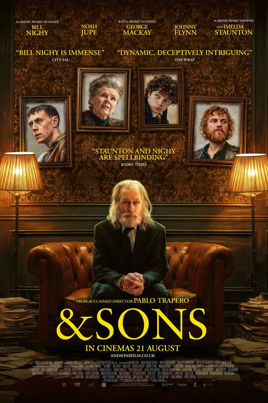 & Sons poster with Bill Nighy seated beneath framed family portraits in a gold-toned room