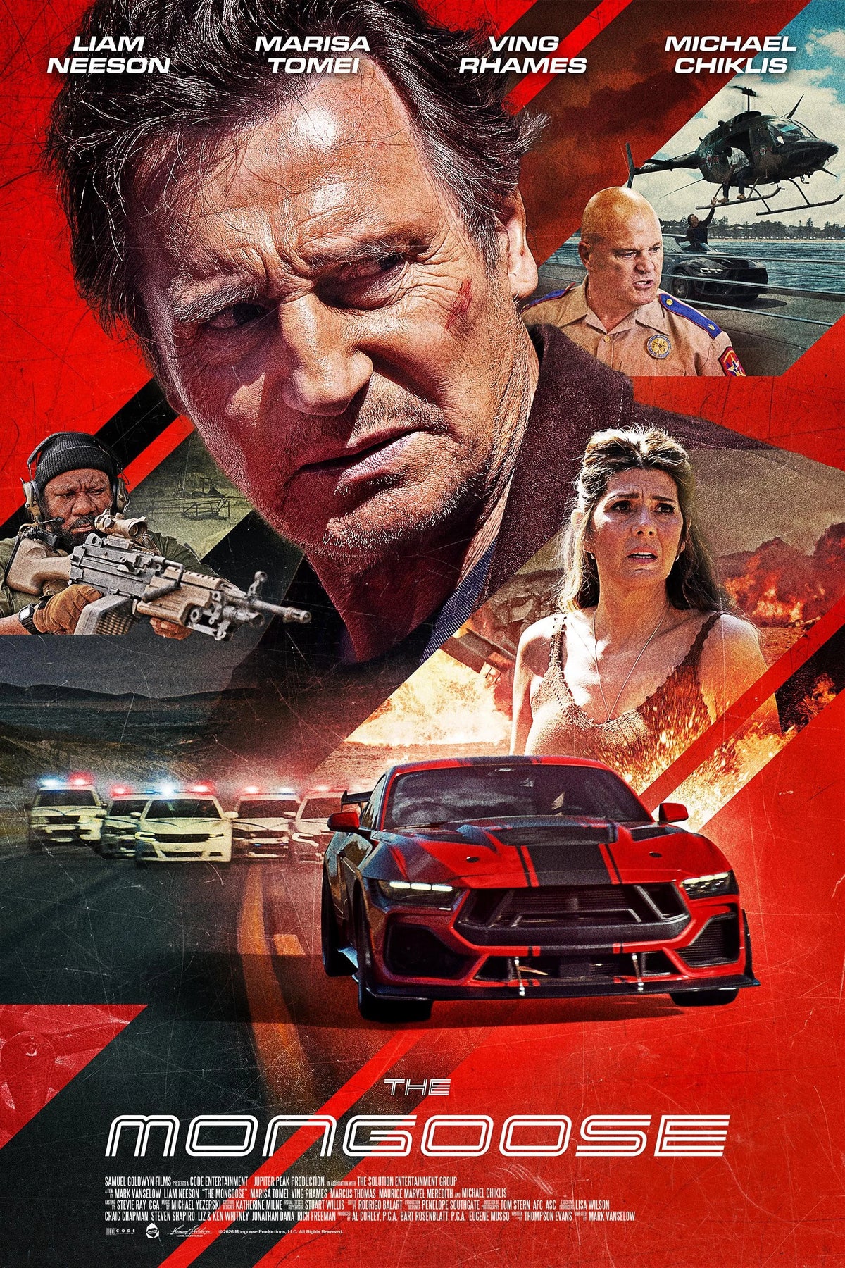 The Mongoose (2026) poster with Liam Neeson, a red sports car and pursuing police