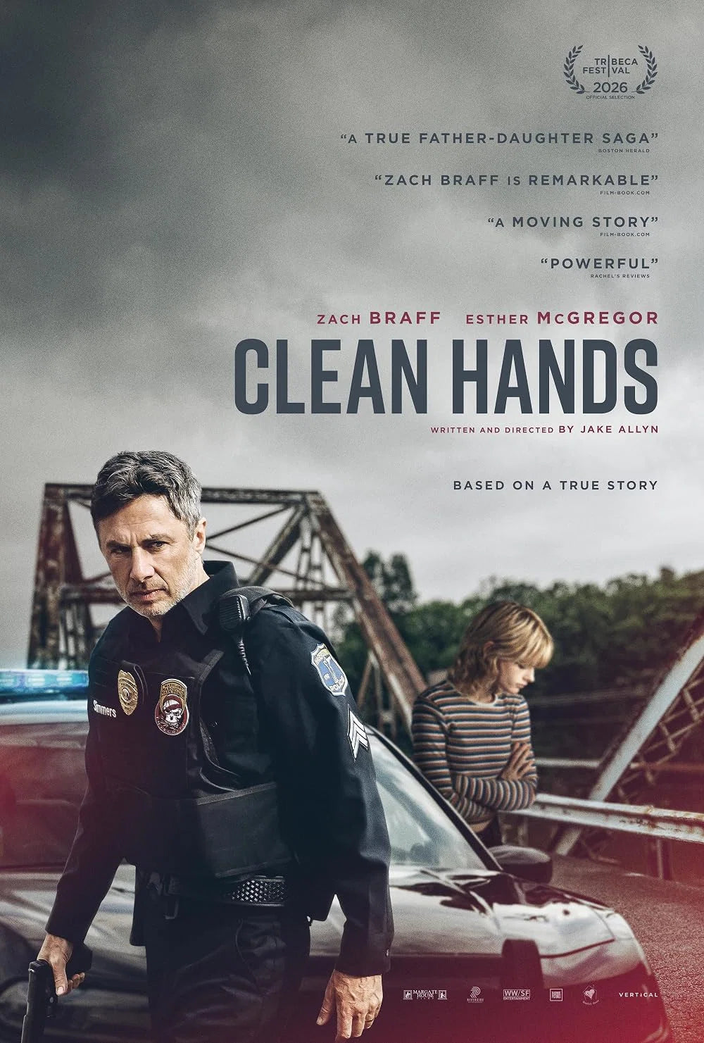 Clean Hands (2026) poster featuring Zach Braff as a police officer and Esther McGregor