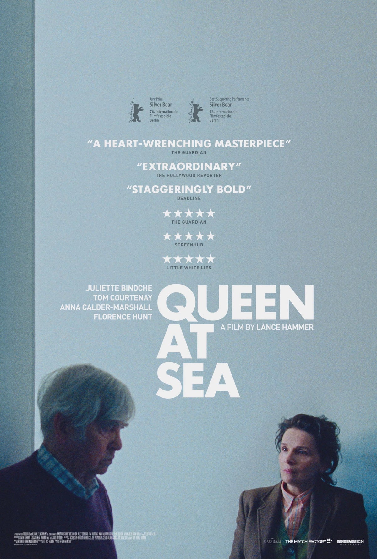 Queen at Sea (2026) official poster featuring Juliette Binoche and Tom Courtenay