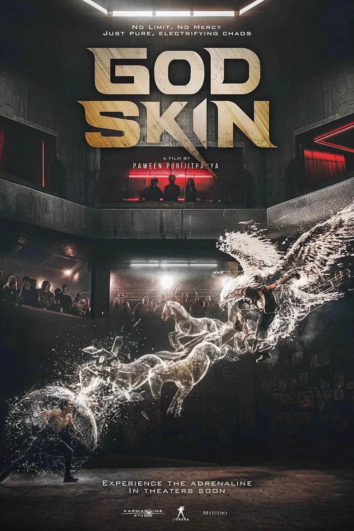 God Skin (2026) poster showing an electrifying action spectacle in a futuristic arena