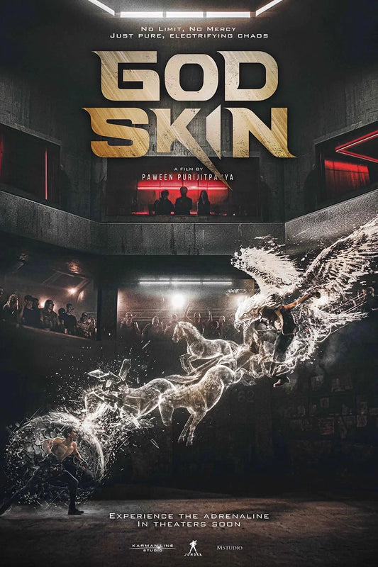 God Skin (2026) poster showing an electrifying action spectacle in a futuristic arena