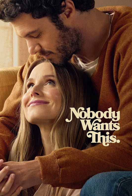 Nobody Wants This poster featuring Kristen Bell and Adam Brody embracing