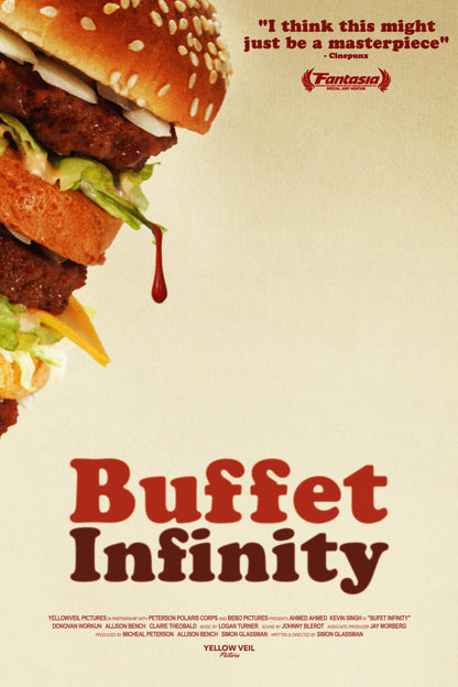 Buffet Infinity movie poster with a towering burger and a drop of blood