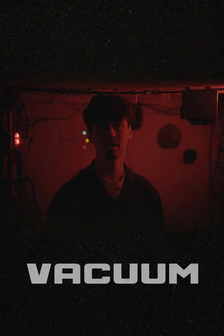 Vacuum poster with a figure in a dark red-lit room and silver title lettering