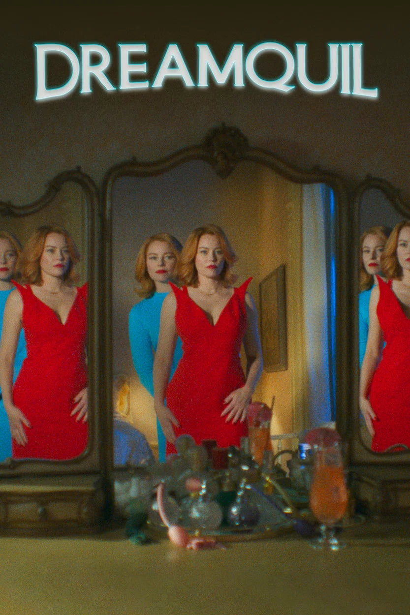 DreamQuil poster with mirrored women in red and blue dresses beneath pale glowing title